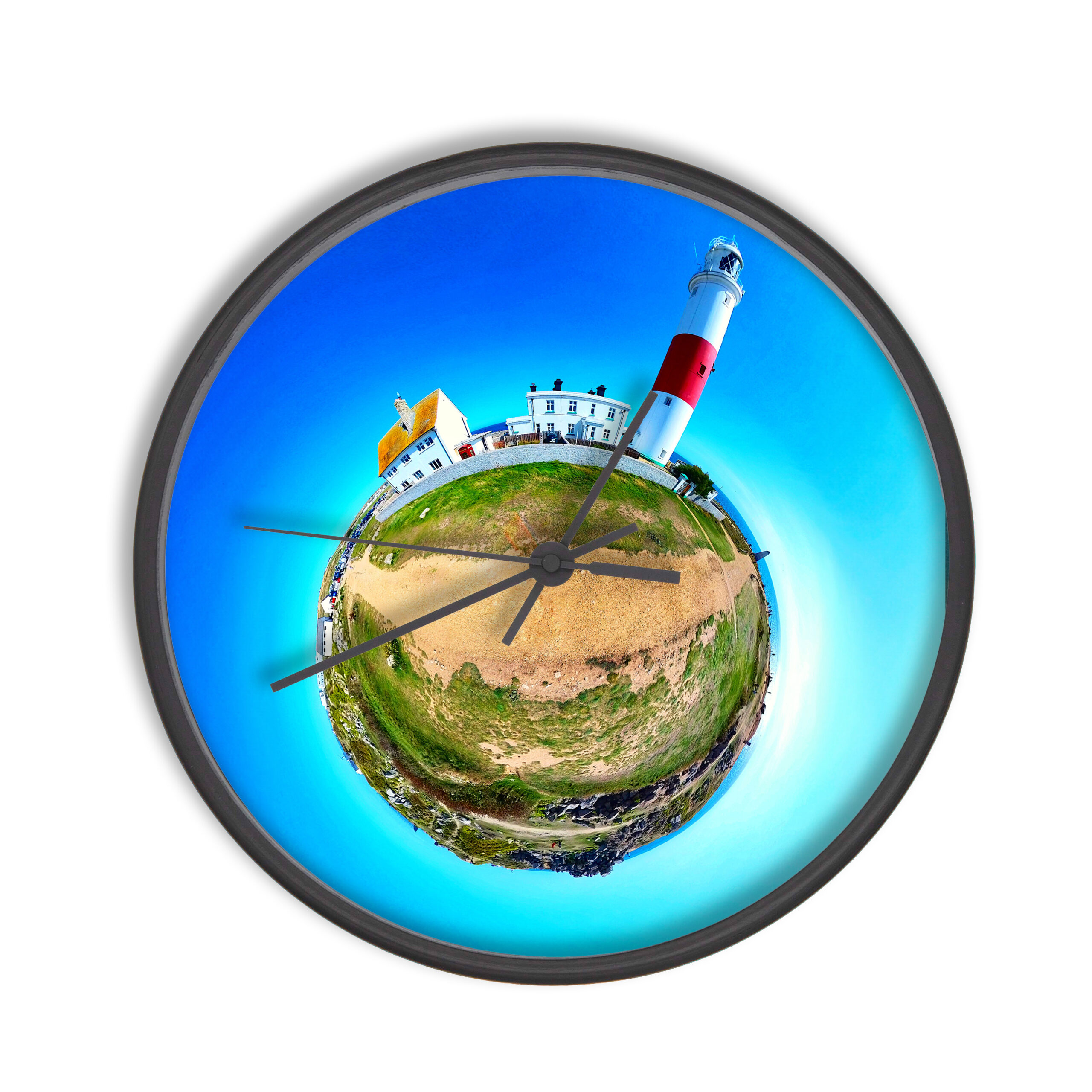 Portland Bill Lighthouse Tiny Planet Clock - Tiny Planet Things - Unique handmade seaside, coastal, tourist attraction gifts for sale.